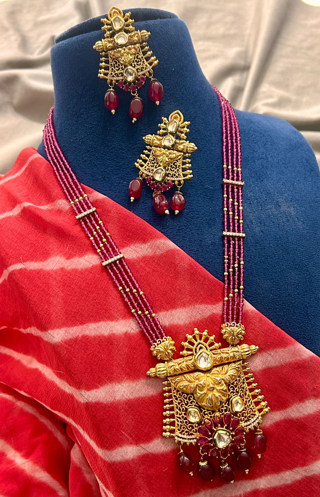 Royal Ruby Beaded Temple Necklace Set with Statement Pendant